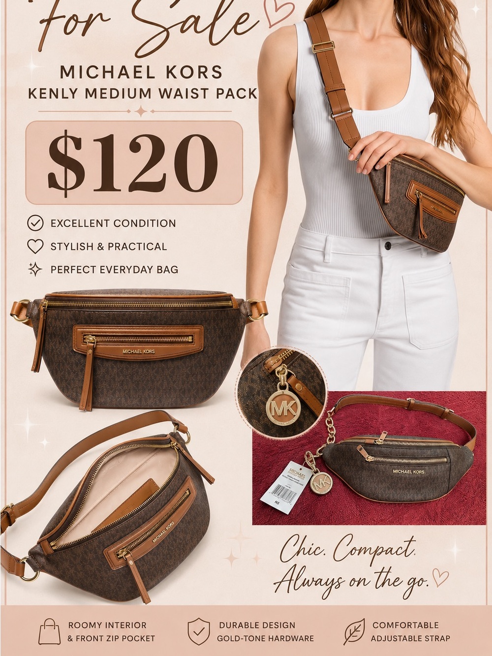 Michael Kors Brown and Tan Kenly Medium Crossbody Waist Pack